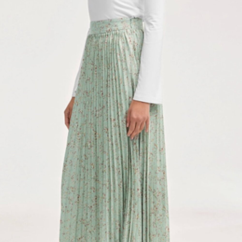 Veiled Collection- Pleated Floral Maxi Skirt in Sage
